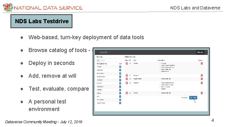 NDS Labs and Dataverse NDS Labs Testdrive ● Web-based, turn-key deployment of data tools