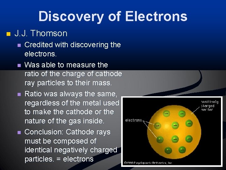 Discovery of Electrons n J. J. Thomson n n Credited with discovering the electrons.
