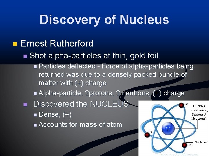 Discovery of Nucleus n Ernest Rutherford n Shot alpha-particles at thin, gold foil. n
