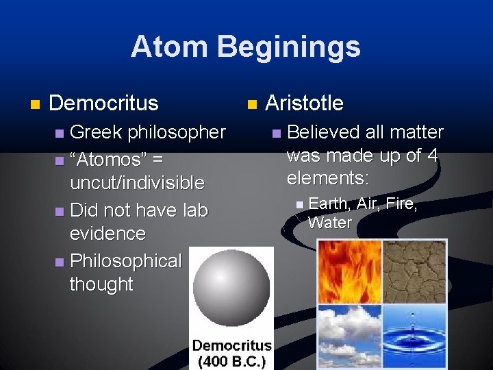 Atom Beginings n Democritus Greek philosopher n “Atomos” = uncut/indivisible n Did not have
