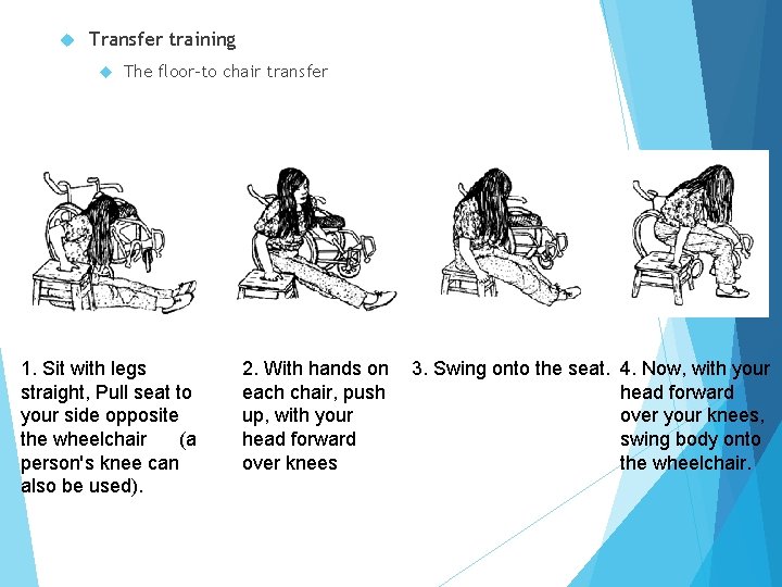  Transfer training The floor-to chair transfer 1. Sit with legs straight, Pull seat