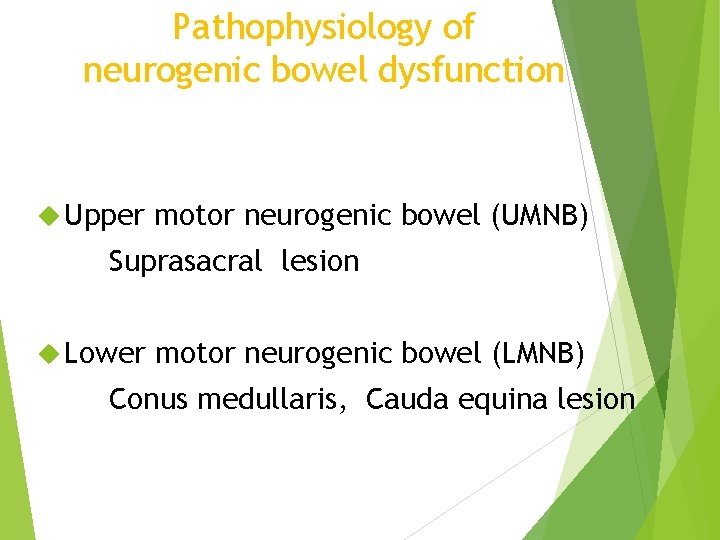 Pathophysiology of neurogenic bowel dysfunction Upper motor neurogenic bowel (UMNB) Suprasacral lesion Lower motor