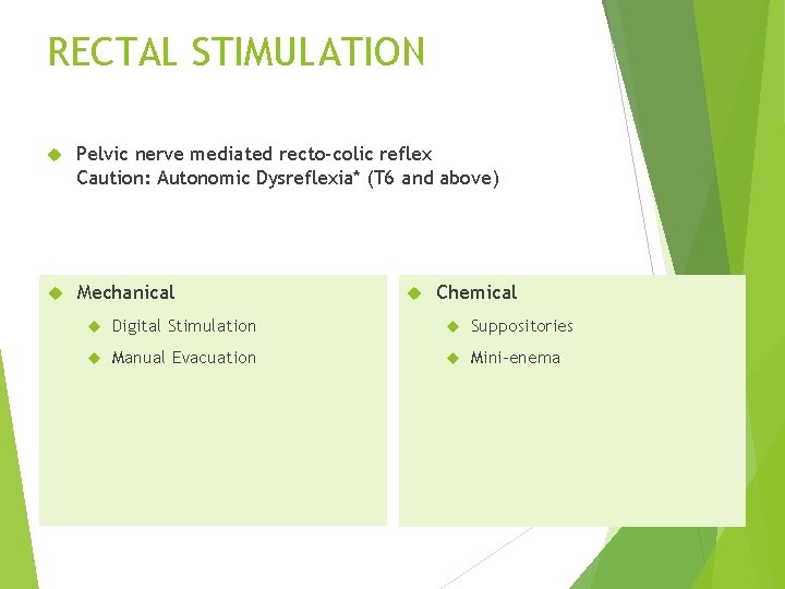 RECTAL STIMULATION Pelvic nerve mediated recto-colic reflex Caution: Autonomic Dysreflexia* (T 6 and above)