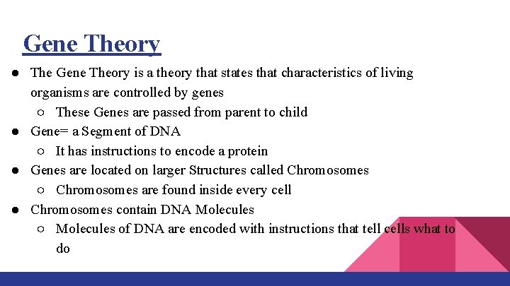 Gene Theory ● The Gene Theory is a theory that states that characteristics of