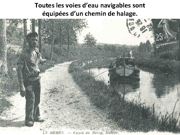 Toutes les voies d’eau navigables sont équipées d’un chemin de halage. 