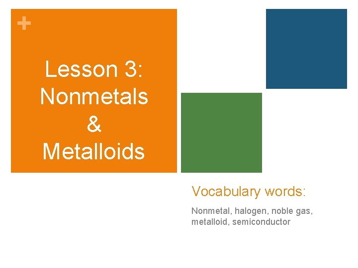 + Lesson 3: Nonmetals & Metalloids Vocabulary words: Nonmetal, halogen, noble gas, metalloid, semiconductor