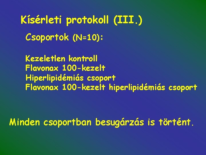Kísérleti protokoll (III. ) Csoportok (N=10): Kezeletlen kontroll Flavonax 100 -kezelt Hiperlipidémiás csoport Flavonax
