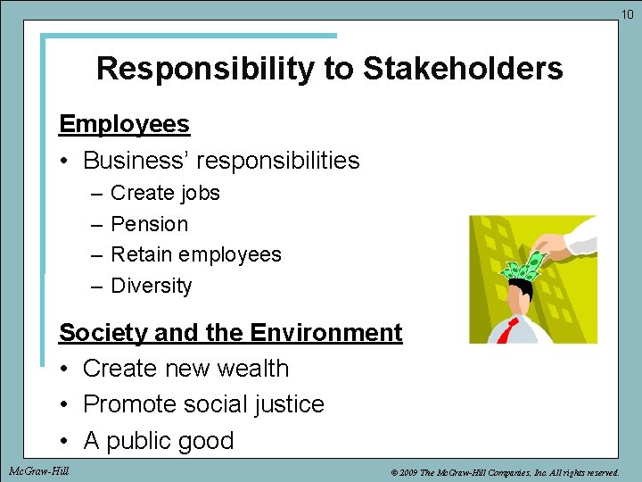 10 Responsibility to Stakeholders Employees • Business’ responsibilities – – Create jobs Pension Retain