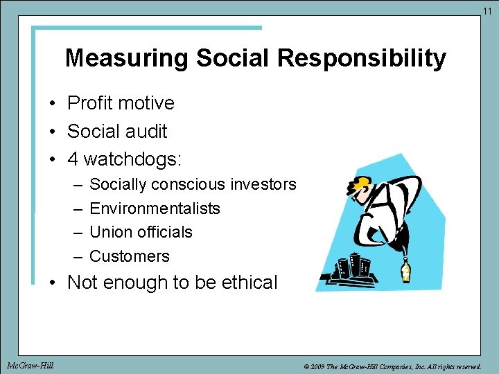 11 Measuring Social Responsibility • Profit motive • Social audit • 4 watchdogs: –