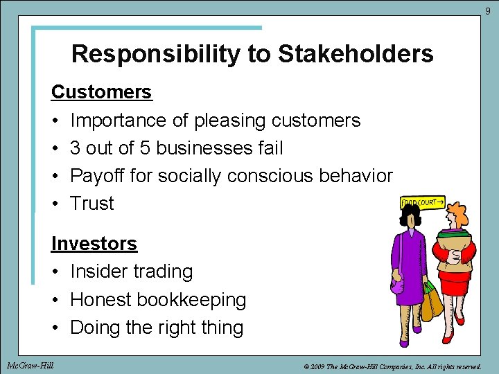 9 Responsibility to Stakeholders Customers • Importance of pleasing customers • 3 out of