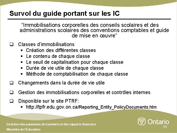 Survol du guide portant sur les IC “Immobilisations corporelles des conseils scolaires et des