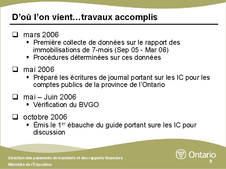 D’où l’on vient…travaux accomplis q mars 2006 § Première collecte de données sur le