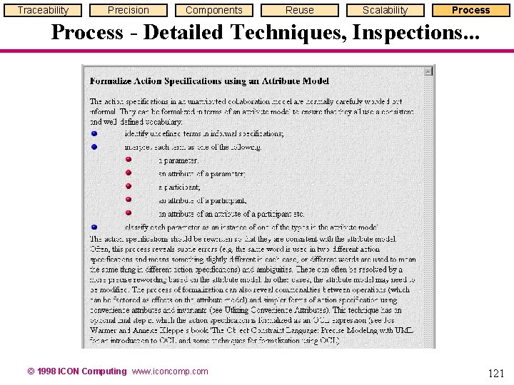 Traceability Precision Components Reuse Scalability Process - Detailed Techniques, Inspections. . . © 1998 Traceability Precision Components Reuse Scalability Process - Detailed Techniques, Inspections. . . © 1998