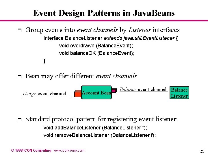 Event Design Patterns in Java. Beans r Group events into event channels by Listener Event Design Patterns in Java. Beans r Group events into event channels by Listener