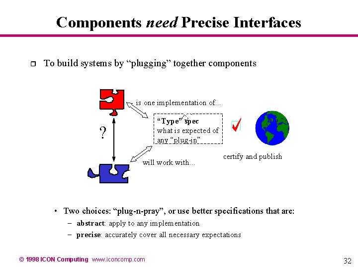 Components need Precise Interfaces r To build systems by “plugging” together components is one Components need Precise Interfaces r To build systems by “plugging” together components is one