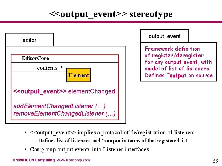 <<output_event>> stereotype output_event editor Editor. Core contents * Element Framework definition of register/deregister for <<output_event>> stereotype output_event editor Editor. Core contents * Element Framework definition of register/deregister for