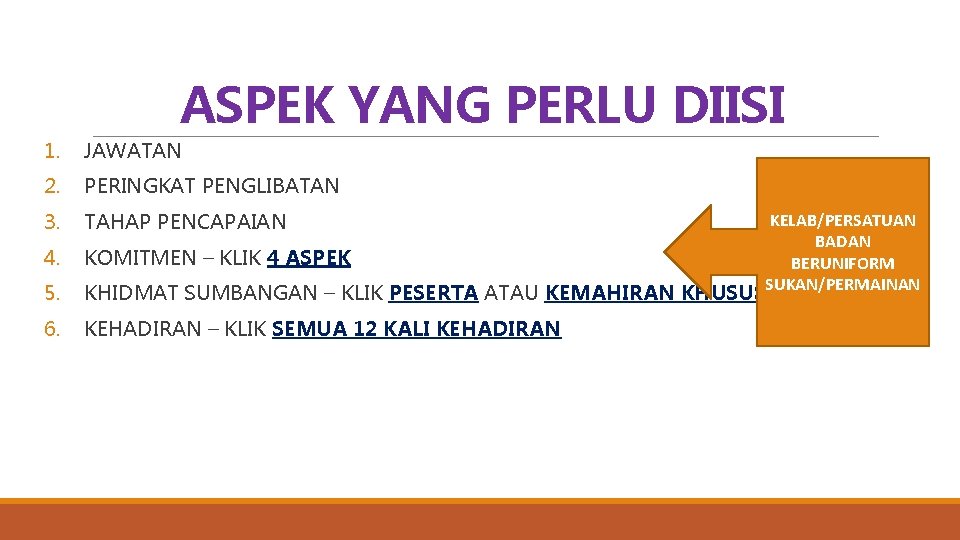 ASPEK YANG PERLU DIISI 1. JAWATAN 2. PERINGKAT PENGLIBATAN 3. TAHAP PENCAPAIAN 4. KOMITMEN