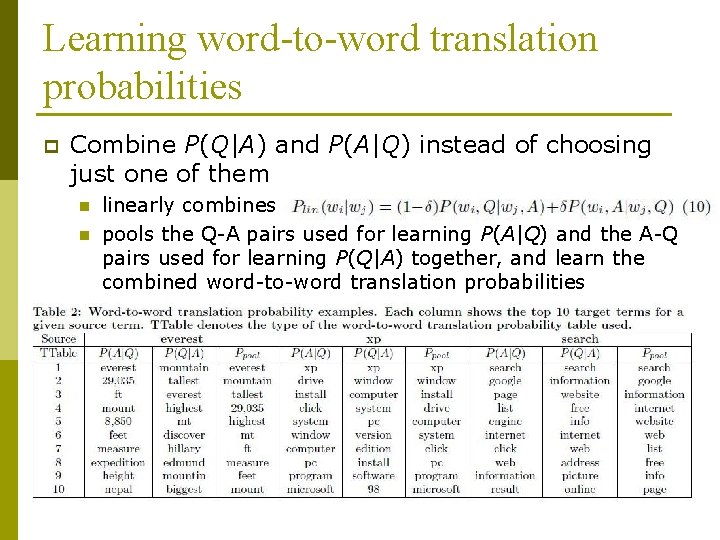 Learning word-to-word translation probabilities p Combine P(Q|A) and P(A|Q) instead of choosing just one
