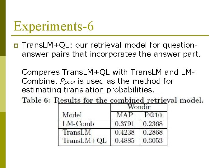 Experiments-6 p Trans. LM+QL: our retrieval model for questionanswer pairs that incorporates the answer