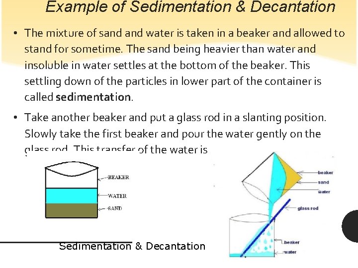 Example of Sedimentation & Decantation • The mixture of sand water is taken in