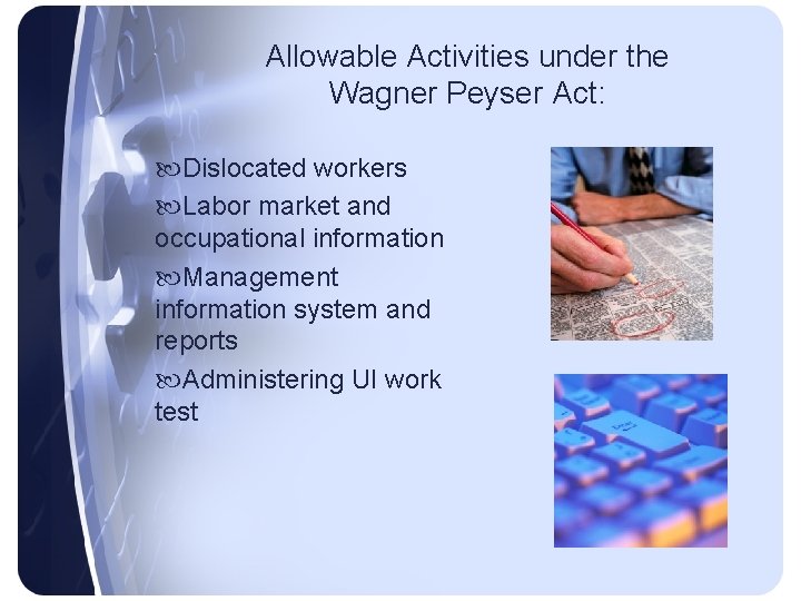 Allowable Activities under the Wagner Peyser Act: Dislocated workers Labor market and occupational information