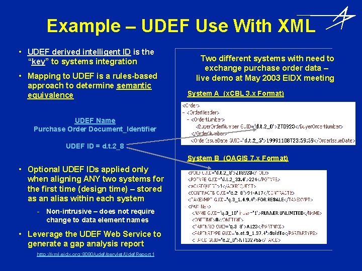 Example – UDEF Use With XML • UDEF derived intelligent ID is the “key”