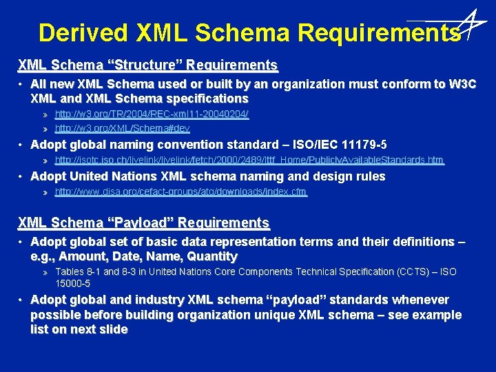 Derived XML Schema Requirements XML Schema “Structure” Requirements • All new XML Schema used