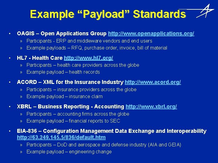 Example “Payload” Standards • OAGIS – Open Applications Group http: //www. openapplications. org/ »