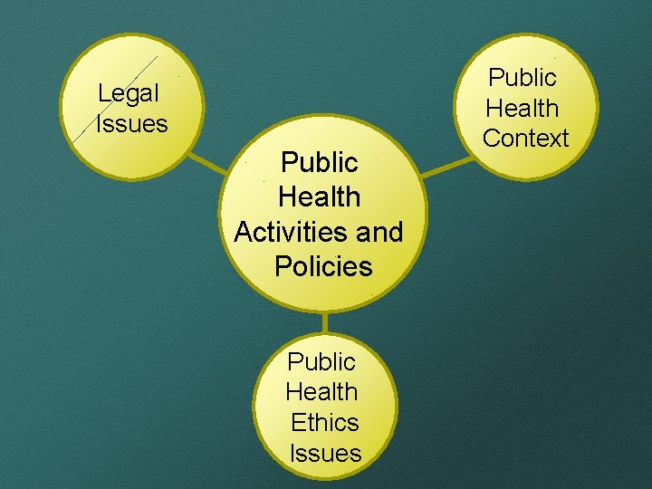 Legal Issues Public Health Activities and Policies Public Health Ethics Issues Public Health Context