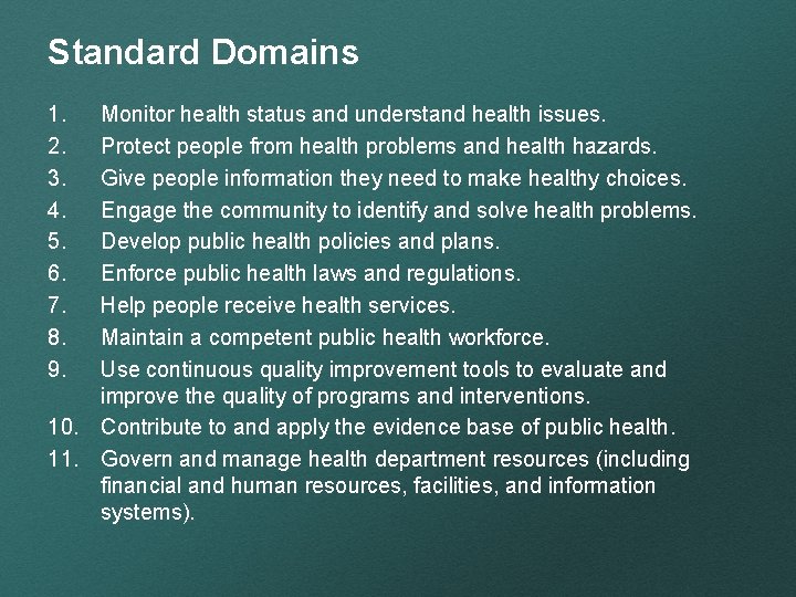 Standard Domains 1. 2. 3. 4. 5. 6. 7. 8. 9. Monitor health status