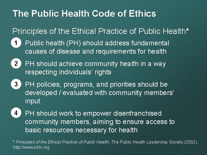 The Public Health Code of Ethics Principles of the Ethical Practice of Public Health*
