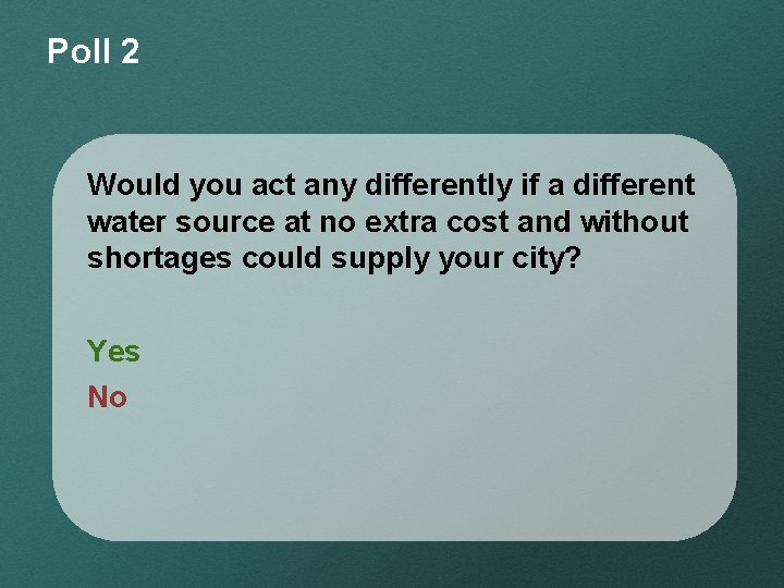 Poll 2 Would you act any differently if a different water source at no