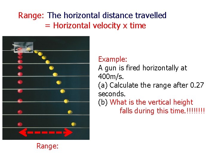 Range: The horizontal distance travelled = Horizontal velocity x time Example: A gun is
