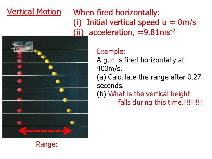 Vertical Motion When fired horizontally: (i) Initial vertical speed u = 0 m/s (ii)