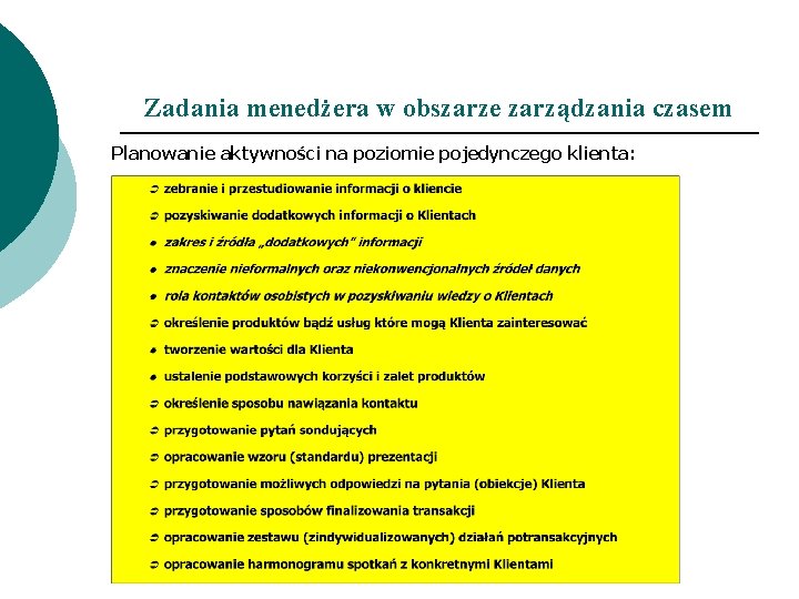 Zadania menedżera w obszarze zarządzania czasem Planowanie aktywności na poziomie pojedynczego klienta: 