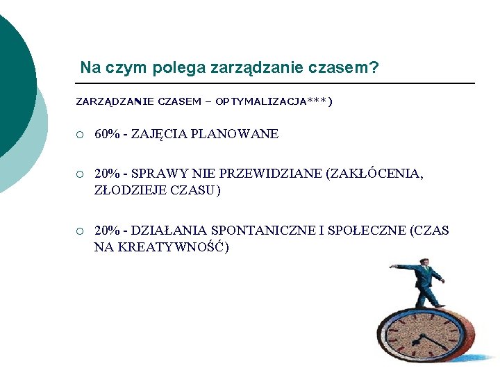 Na czym polega zarządzanie czasem? ZARZĄDZANIE CZASEM – OPTYMALIZACJA***) ¡ 60% - ZAJĘCIA PLANOWANE