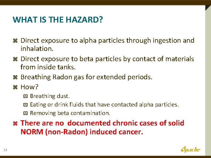 WHAT IS THE HAZARD? z z Direct exposure to alpha particles through ingestion and