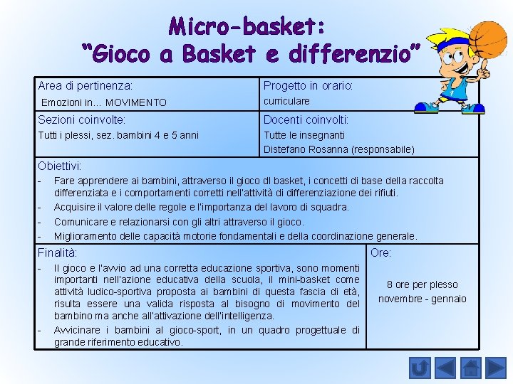 Micro-basket: “Gioco a Basket e differenzio” Area di pertinenza: Emozioni in… MOVIMENTO Progetto in