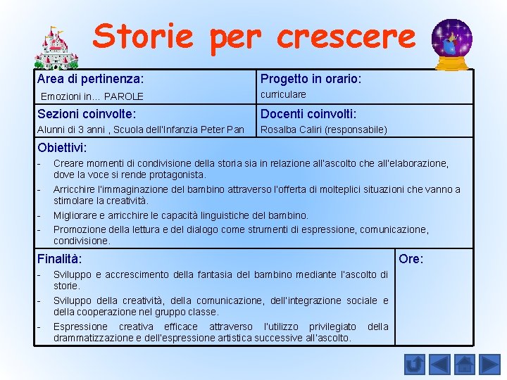 Storie per crescere Area di pertinenza: Emozioni in… PAROLE Progetto in orario: curriculare Sezioni