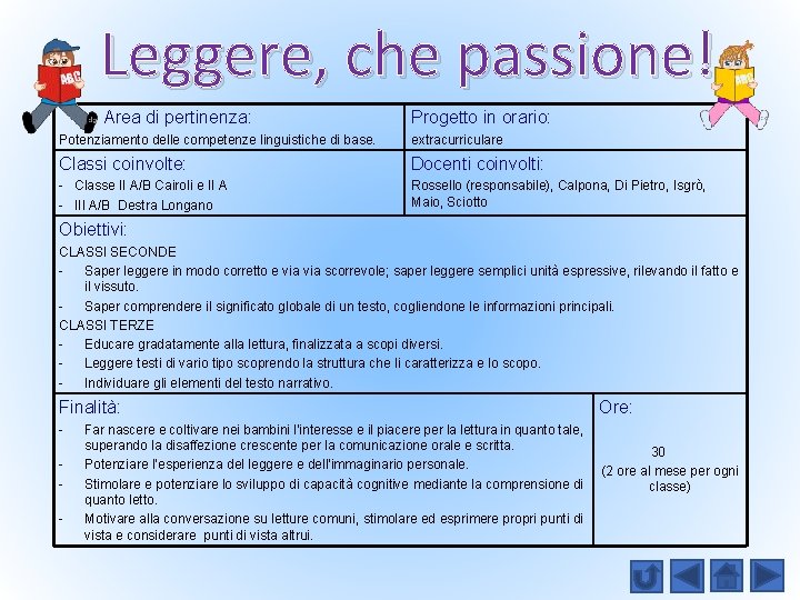 Leggere, che passione! Area di pertinenza: Progetto in orario: Potenziamento delle competenze linguistiche di