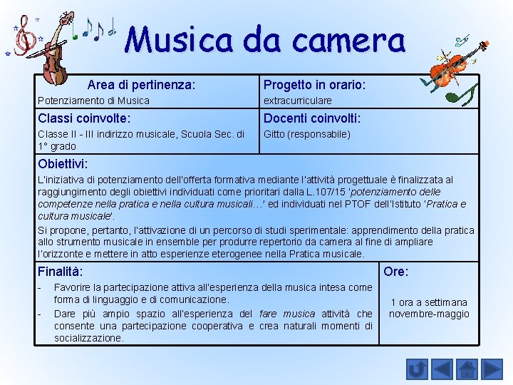 Musica da camera Area di pertinenza: Progetto in orario: Potenziamento di Musica extracurriculare Classi