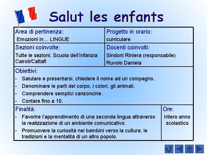 Salut les enfants Area di pertinenza: Progetto in orario: Emozioni in… LINGUE curriculare Sezioni