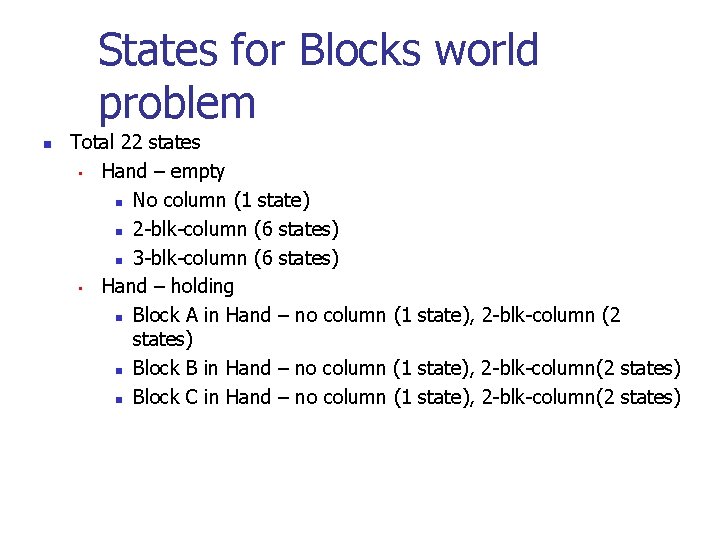 States for Blocks world problem n Total 22 states • Hand – empty n