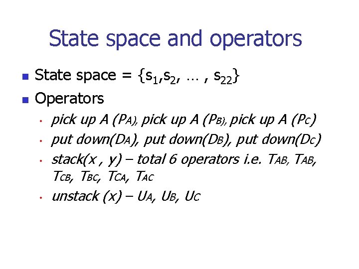 State space and operators n n State space = {s 1, s 2, …