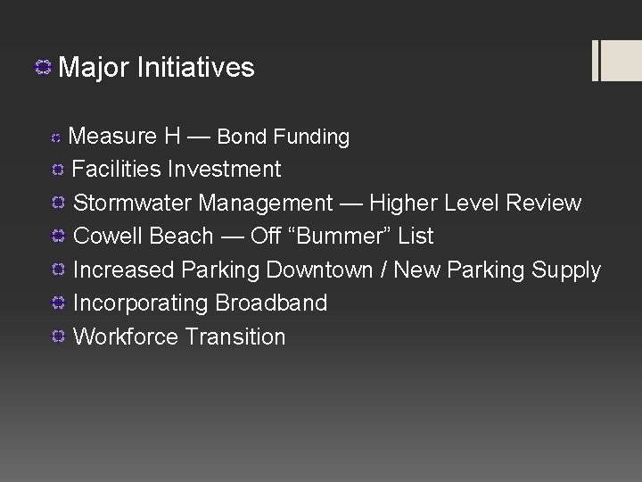 Major Initiatives Measure H — Bond Funding Facilities Investment Stormwater Management — Higher Level