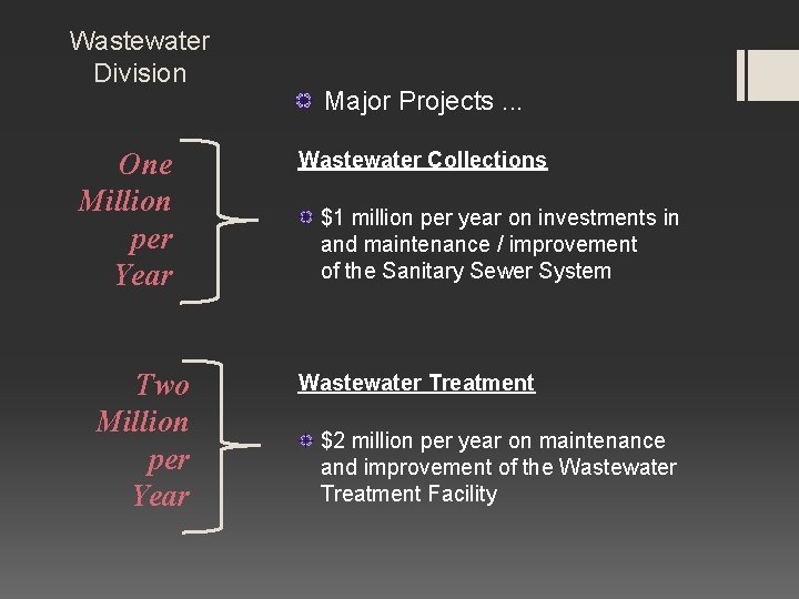 Wastewater Division One Million per Year Two Million per Year Major Projects. . .