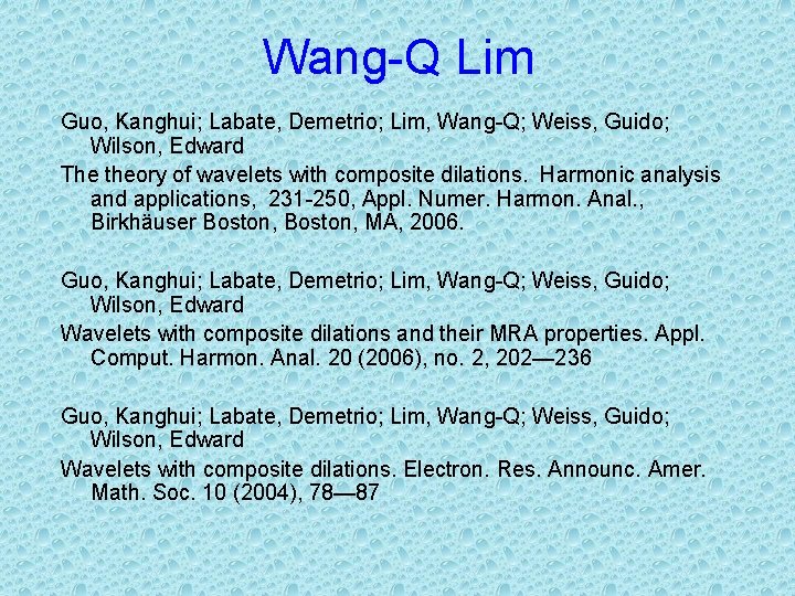 Wang-Q Lim Guo, Kanghui; Labate, Demetrio; Lim, Wang-Q; Weiss, Guido; Wilson, Edward The theory