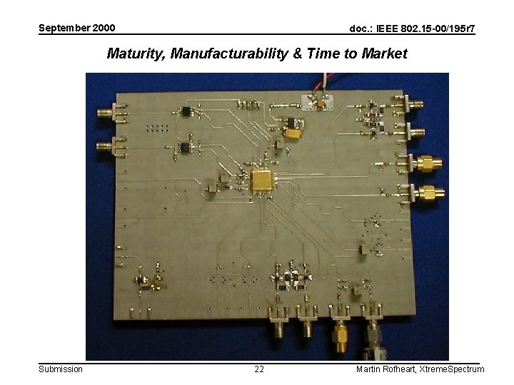 September 2000 doc. : IEEE 802. 15 -00/195 r 7 Maturity, Manufacturability & Time