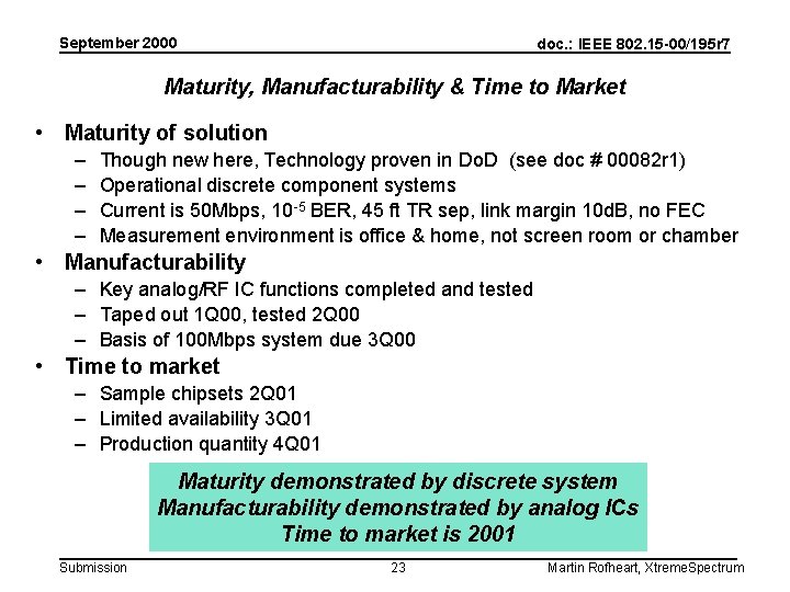September 2000 doc. : IEEE 802. 15 -00/195 r 7 Maturity, Manufacturability & Time