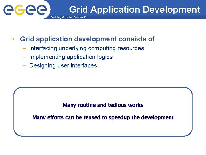 Grid Application Development Enabling Grids for E-scienc. E • Grid application development consists of